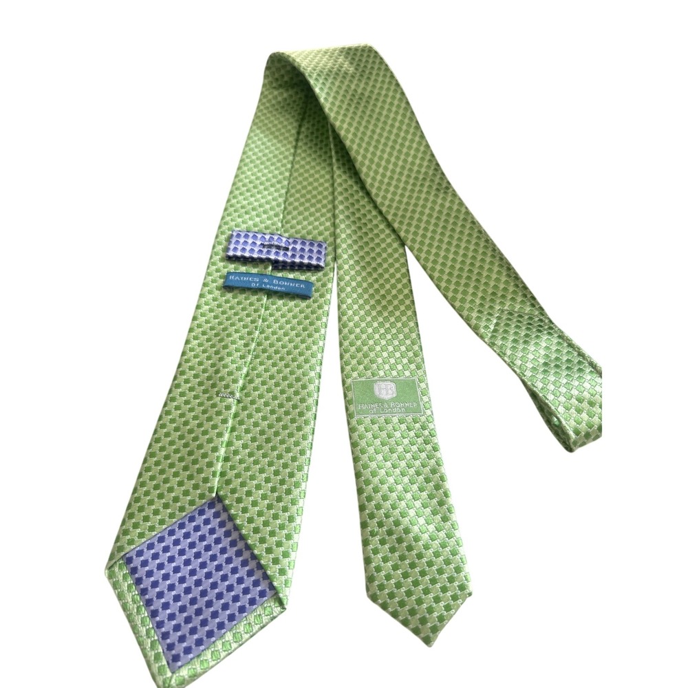 Haines & Bonner London Mens Silk Tie Lime Green Geometric Check Pattern 60x3.5